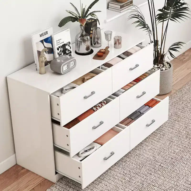 6-Drawer White Wooden Dresser Horizontal Wide Bedroom Storage Furniture