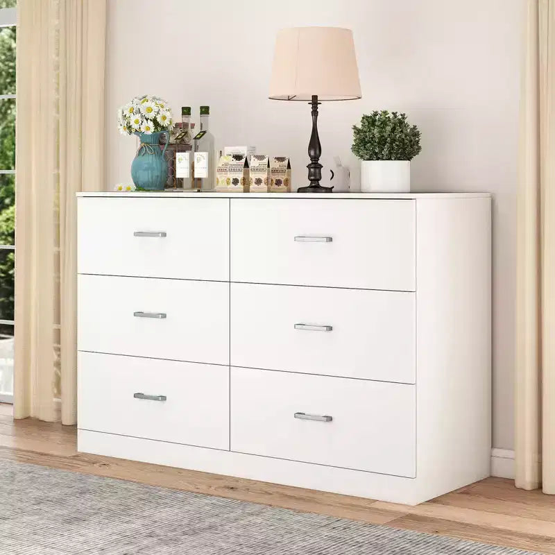 6-Drawer White Wooden Dresser Horizontal Wide Bedroom Storage Furniture
