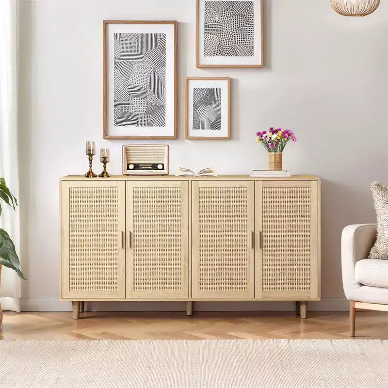 62.20Elegant and Functional 4-Door Rattan Decorative Storage Cabinet, Sideboard Buffet Cabinet, for Bedroom,Living Room,Office,Easy Assembly,Black