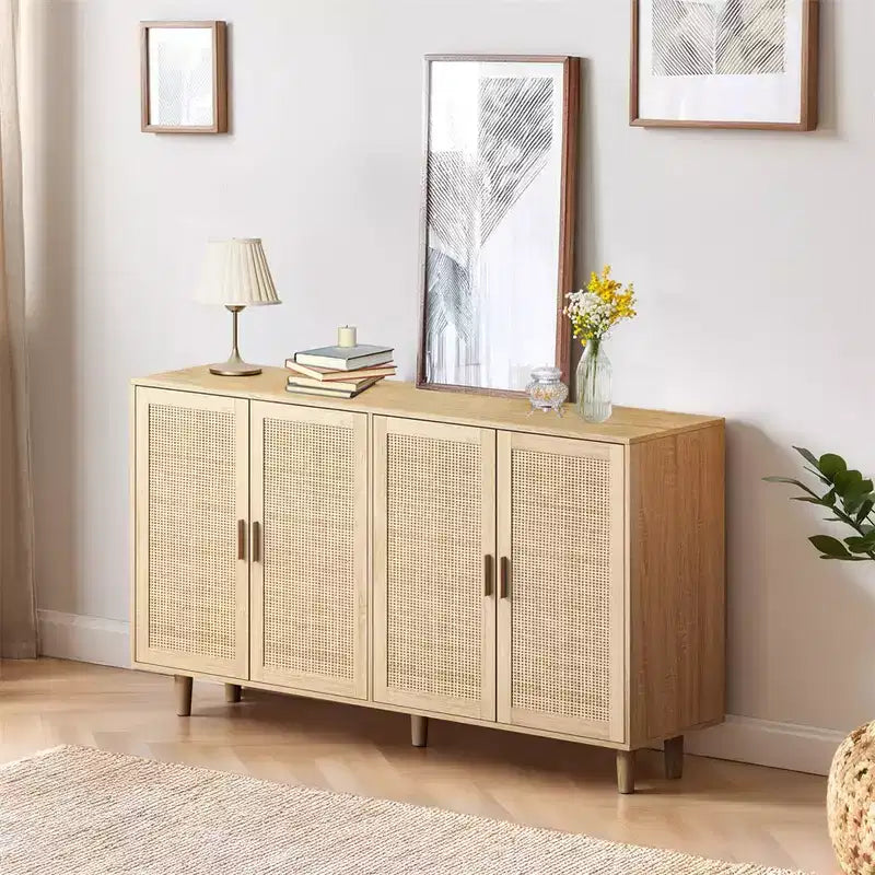 62.20Elegant and Functional 4-Door Rattan Decorative Storage Cabinet, Sideboard Buffet Cabinet, for Bedroom,Living Room,Office,Easy Assembly,Black