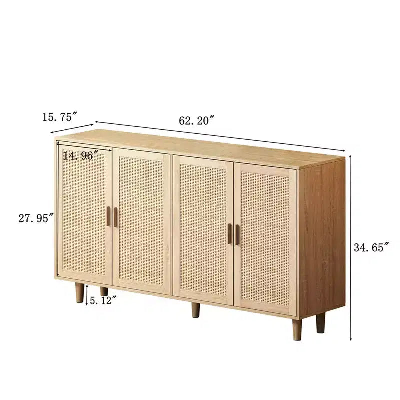 62.20Elegant and Functional 4-Door Rattan Decorative Storage Cabinet, Sideboard Buffet Cabinet, for Bedroom,Living Room,Office,Easy Assembly,Black